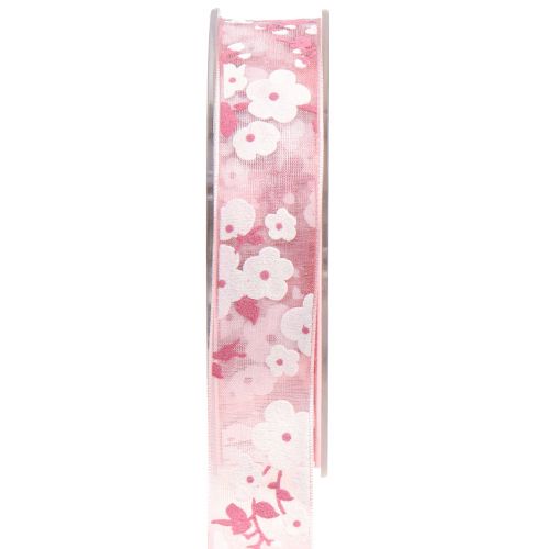 Artikel Organzalint roze met bloemen cadeaulint 20mm 20m