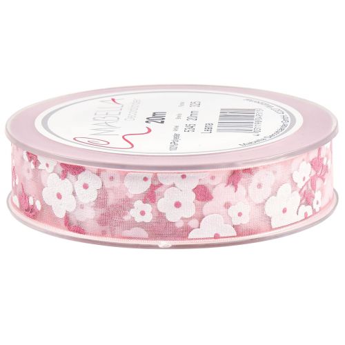 Artikel Organzalint roze met bloemen cadeaulint 20mm 20m