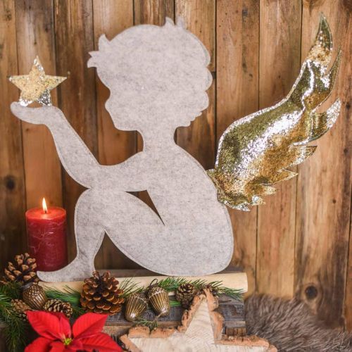 Floristik24 Kerst engelenstandaard op berkenstam vilt crème, goud H46cm