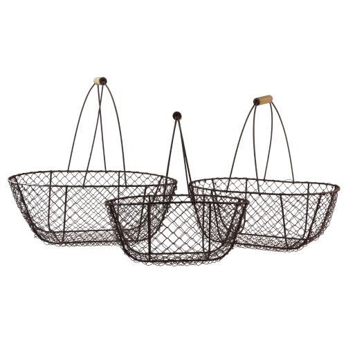 Artikel Draadmand ovale metalen mand met houten handvat 30/35,5/40cm set van 3