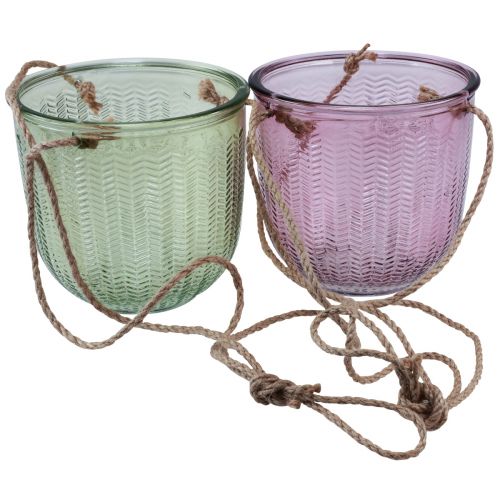 Artikel Bloempot glazen lantaarn om op te hangen paars groen 14cm 2st