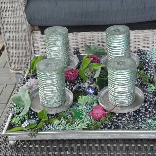Floristik24 Advent dienblad met 4 kandelaars 40×40cm antiek look metaal/glas zilver