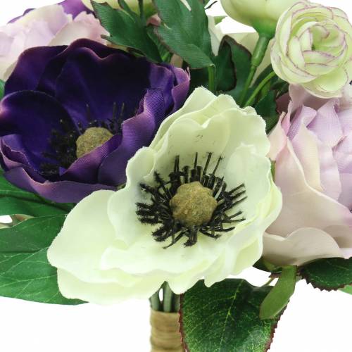 Boeket met anemonen en rozen violet, creme 30cm