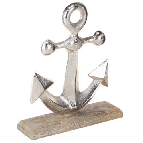 Artikel Anker Decoratie Metaal op Houten Basis Zilver Natuurlijk H21cm
