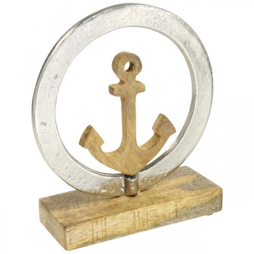 Maritieme decoratie, houten anker in de ring, sculptuur, nautische zomerdecoratie zilver, natuurlijke kleuren H19.5cm