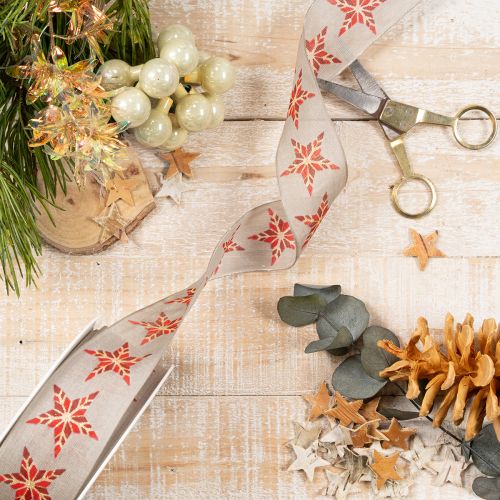 Decoratief lint met rode sterren, 40 mm breed, 15 m lang | Floristik24.nl