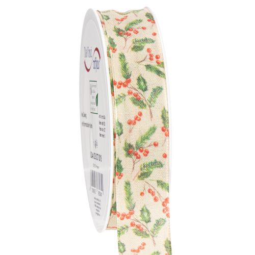 Decoratief lint met hulst en bessen, vormvaste rand, 25 mm, 18 m kopen | Floristik24.nl