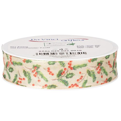 Decoratief lint met hulst en bessen, vormvaste rand, 25 mm, 18 m | Floristik24.nl