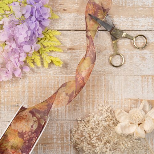 Cadeaulint in herfstkleuren, organza lint met bloemenpatroon, 40 mm, 15 m | Floristik24.nl