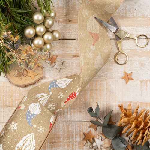 Decoratief lint met kerstkabouters op jute lint, wintermotief, 60 mm x 10 m | Floristik24.nl
