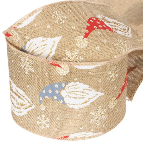 Decoratief lint met kerstkabouters op jute lint, wintermotief, 60 mm x 10 m | Floristik24.nl