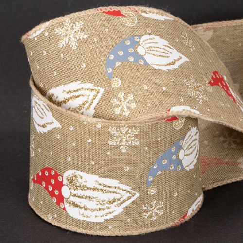 Decoratief lint met kerstkabouters op jute lint, wintermotief, 60 mm x 10 m | Floristik24.nl