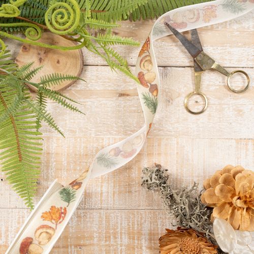 Decoratief lint met paddenstoel- en herfstbladmotief, 25 mm breed, 18 m lang | Floristik24.nl