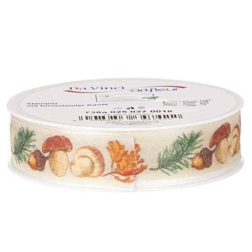 Decoratief lint met paddenstoel- en herfstbladmotief, 25 mm breed, 18 m lang | Floristik24.nl
