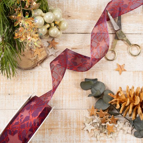Glanzend decoratief lint met sterrenpatroon voor kerstversiering, 40 mm x 15 m | Floristik24.nl