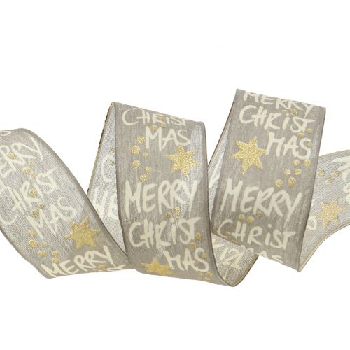 Floristik24 Lint "Merry Christmas" grijs, goud 40mm 20m