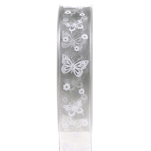 Organza lint vlinder grijs 25mm 20m