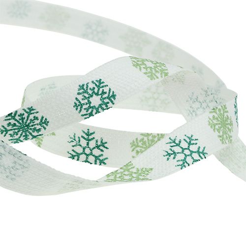 Floristik24 Decoratief lint met sneeuwvlokken wit, groen 15mm 15m