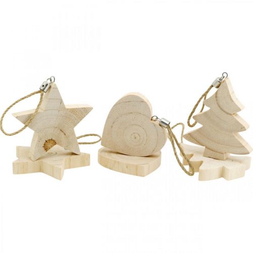 Decoratieve hanger ster / hart / kerstboom, houten decoratie, Advent H9.5 / 8 / 10cm 6st