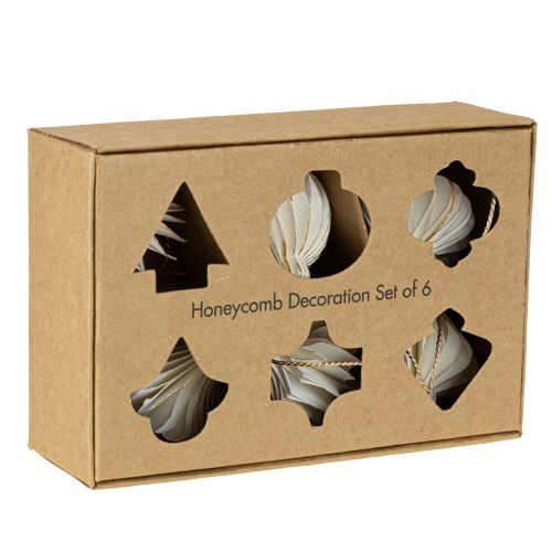 Artikel Papieren kerstboomversieringen, honingraatpapier, wit en goud, 4 cm, 6 stuks