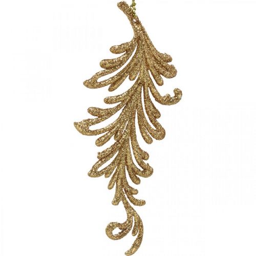Artikel Boomhangers met glitters, decoratieve veren om op te hangen, kerstversiering goudkleurig L16cm 6 st