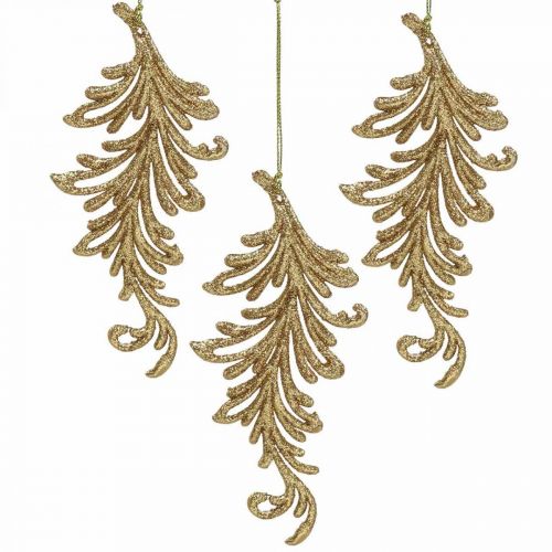 Floristik24 Boomhanger met glitter, decoratieve veren om op te hangen, kerstdecoratie Gouden L16cm 6st