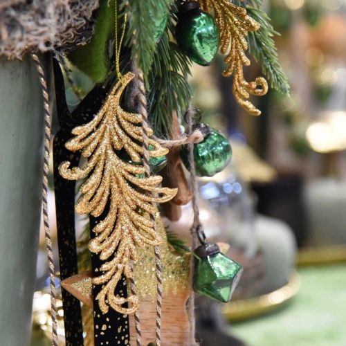 Artikel Boomhangers met glitters, decoratieve veren om op te hangen, kerstversiering goudkleurig L16cm 6 st