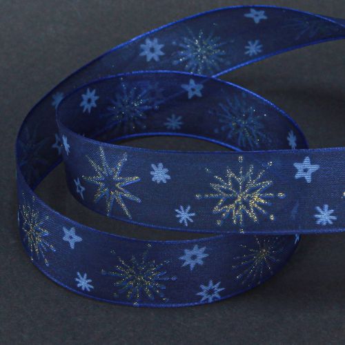 Artikel Blauw kerstlint met gouden sterren 25mm 20m