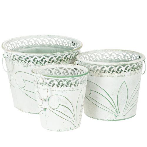 Floristik24 Bloempot van reliëfmetaal met handvatten, wit en groen, shabby chic stijl, H22/19,5/17,5 cm, Ø25,5/20,5/15,5 cm, set van 3