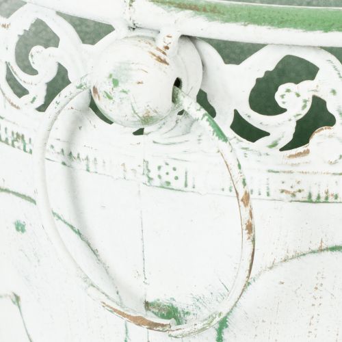 Artikel Bloempot van reliëfmetaal met handvatten, wit en groen, shabby chic stijl, H22/19,5/17,5 cm, Ø25,5/20,5/15,5 cm, set van 3