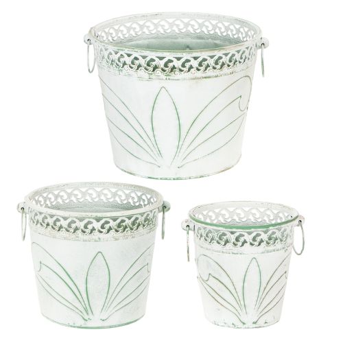 Artikel Bloempot van reliëfmetaal met handvatten, wit en groen, shabby chic stijl, H22/19,5/17,5 cm, Ø25,5/20,5/15,5 cm, set van 3