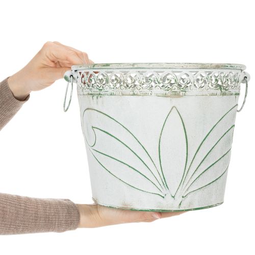 Artikel Bloempot van reliëfmetaal met handvatten, wit en groen, shabby chic stijl, H22/19,5/17,5 cm, Ø25,5/20,5/15,5 cm, set van 3