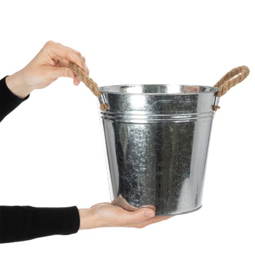 Glanzende metalen emmer met touwgrepen, Ø22cm | Floristik24.nl