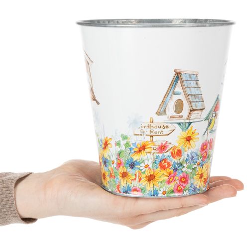 Artikel Blikken pot met vogelhuisjes, zomerdecoratie, plantenbak H14,5cm Ø13,5cm