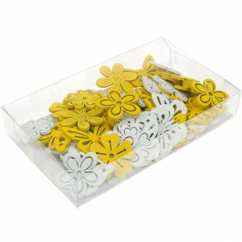 Artikel Bloemen en vlinders om te strooien gele, witte houten strooidecoratie lentedecoratie 72 st