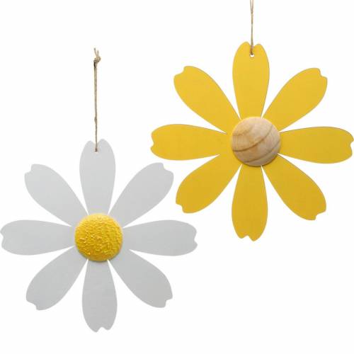 Floristik24 Houten bloesems, zomerdecoratie, madeliefjes geel en wit, decoratiebloemen om op te hangen 4st