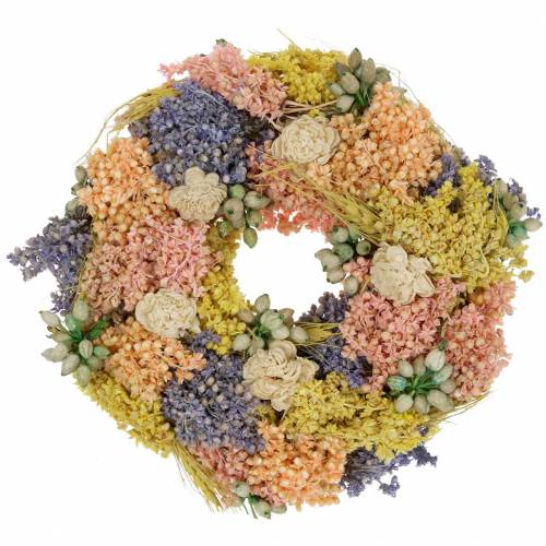 Floristik24 Decoratieve krans van droog gras en kunstbloemen zalm Ø20cm