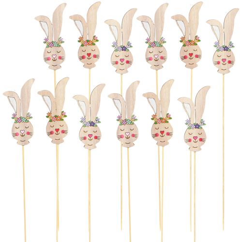 Artikel Bloemplug houten decoratieve konijnenkop op stok 11cm 12 st