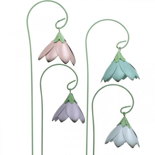 Klokjes om op te plakken, metalen bloemen, veerpluggen L34cm roze, paars, blauw, wit set van 4