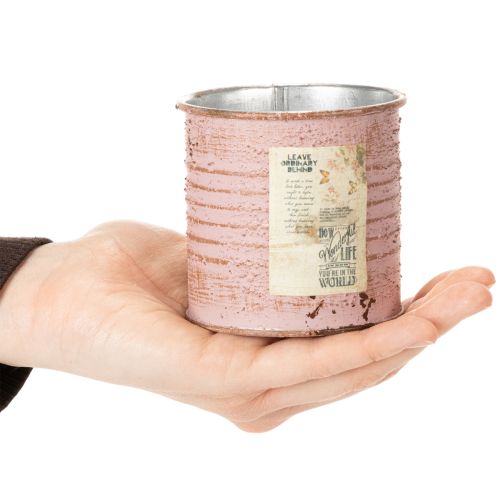 Artikel Decoratieve ronde bloempot van tin in antieke roze kleur, metalen plantenbak Ø8cm H7.5cm