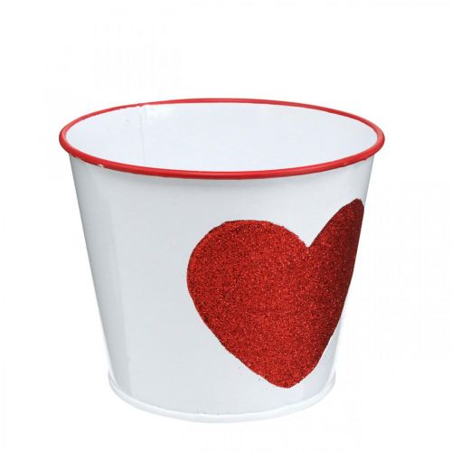 Bloempot wit met hart in rood bloempot Ø13cm H10.5cm