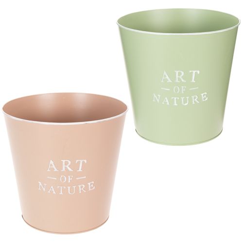 Ronde metalen bloempot Art of Nature 22cm in set van 2 - Groen en Roze