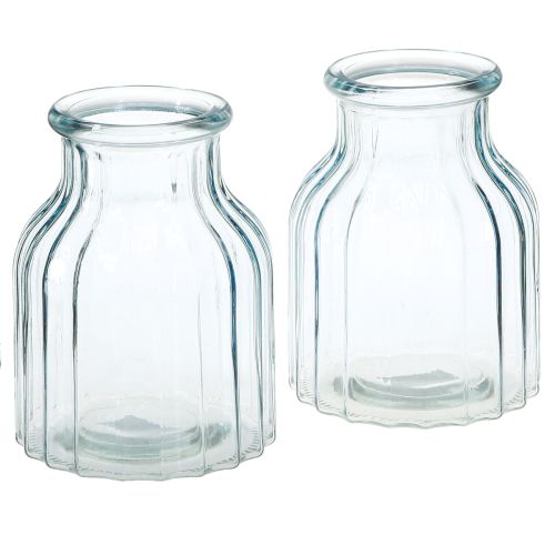 Artikel Bloemenvaasjes glas groeven design blauw Ø11cm H14.5cm 2 stuks