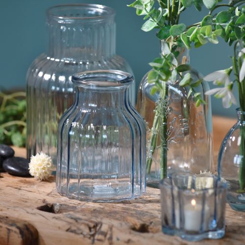 Bloemenvaasjes glas groeven design blauw Ø11cm H14.5cm 2 stuks