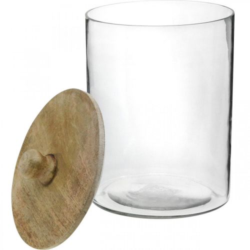 Artikel Glazen pot, bonboniere met houten deksel, decoratief glas naturel kleur, helder Ø17cm H24.5cm