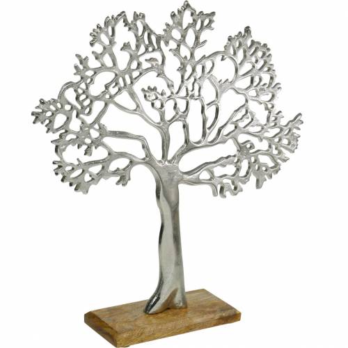 Floristik24 Metalen boom, decoratief beukenhout op houten voet, zilveren metalen decoratie, levensboom, mangohout