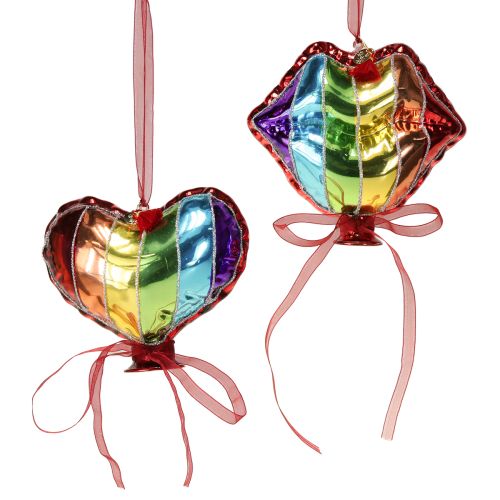 Floristik24 Kleurrijke kerstboomballen glazen ballonnen hart kus mond 12cm 2 stuks