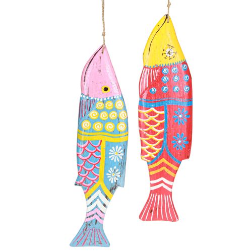 Artikel Kleurrijke houten visdecoratie om op te hangen rood blauw assorti 38cm 2st