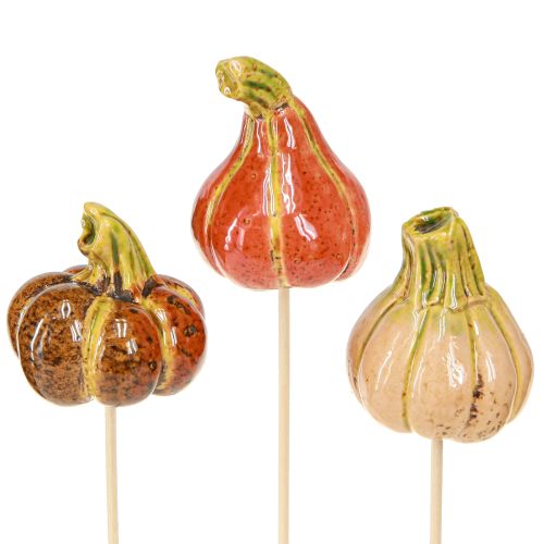 Kleurrijke mini pompoenen op een stokje keramische decoratie 5-6,5cm 3 stuks