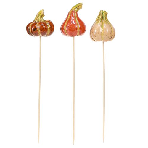 Artikel Kleurrijke mini pompoenen op een stokje keramische decoratie 5-6,5cm 3 stuks